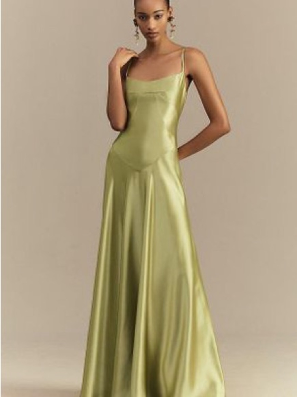 MARE MARE by Anthropologie Satin Slip Maxi Dress in Olive Green